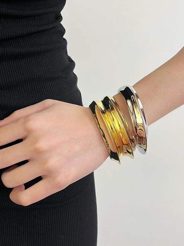 Double Layered Wave Smooth Chunky Open Bracelet