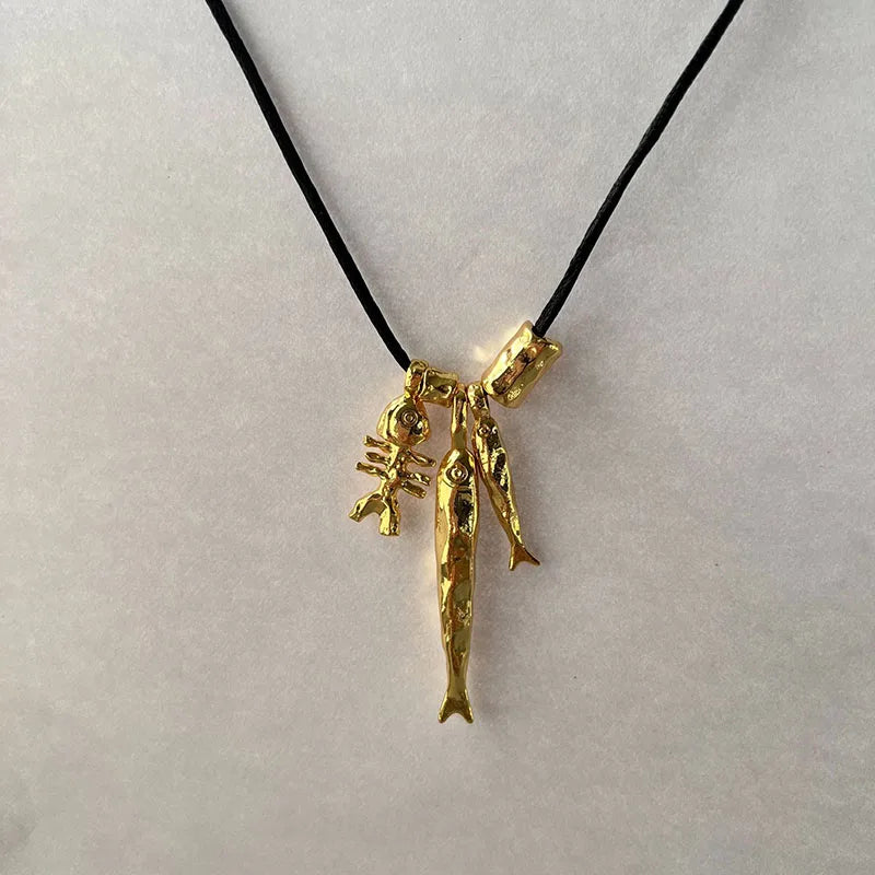 Sardine Fish Charm Pendant Cord Necklace