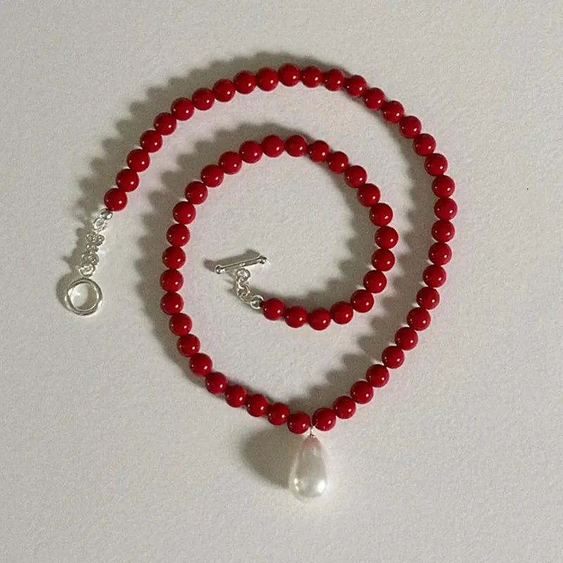 Baroque pearl pendant beaded red stone beaded necklaces