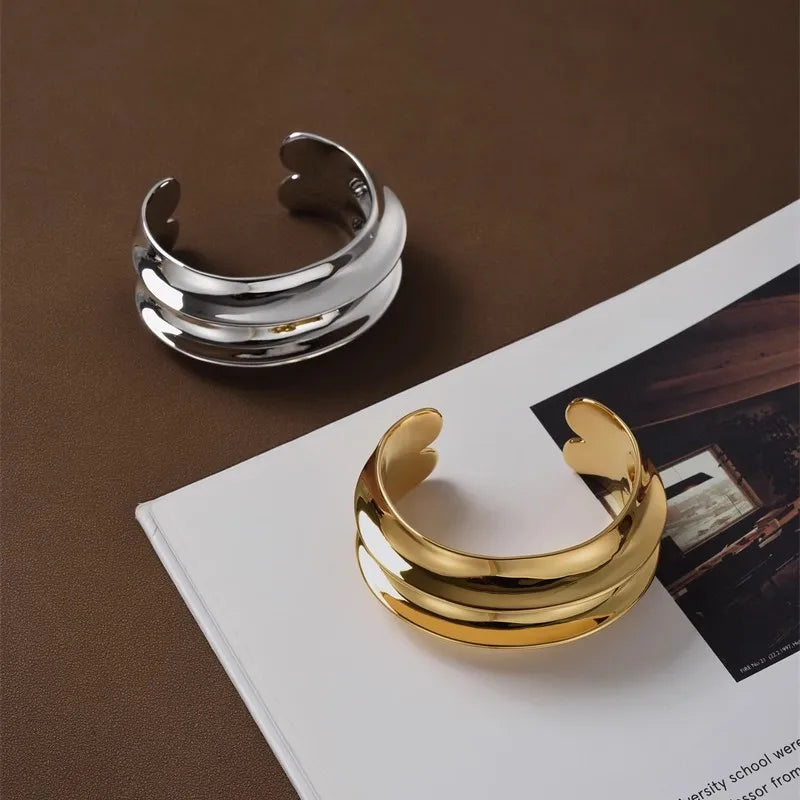 Double Layered Wave Smooth Chunky Open Bracelet