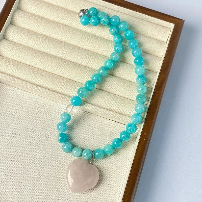 Pink Crystal & Green Beaded Necklace