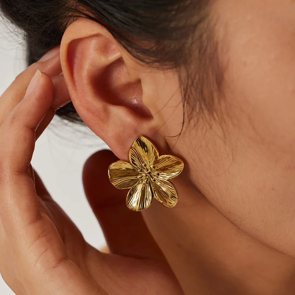 18k Gold Plated Stainless Steel Flower Metal Earrings