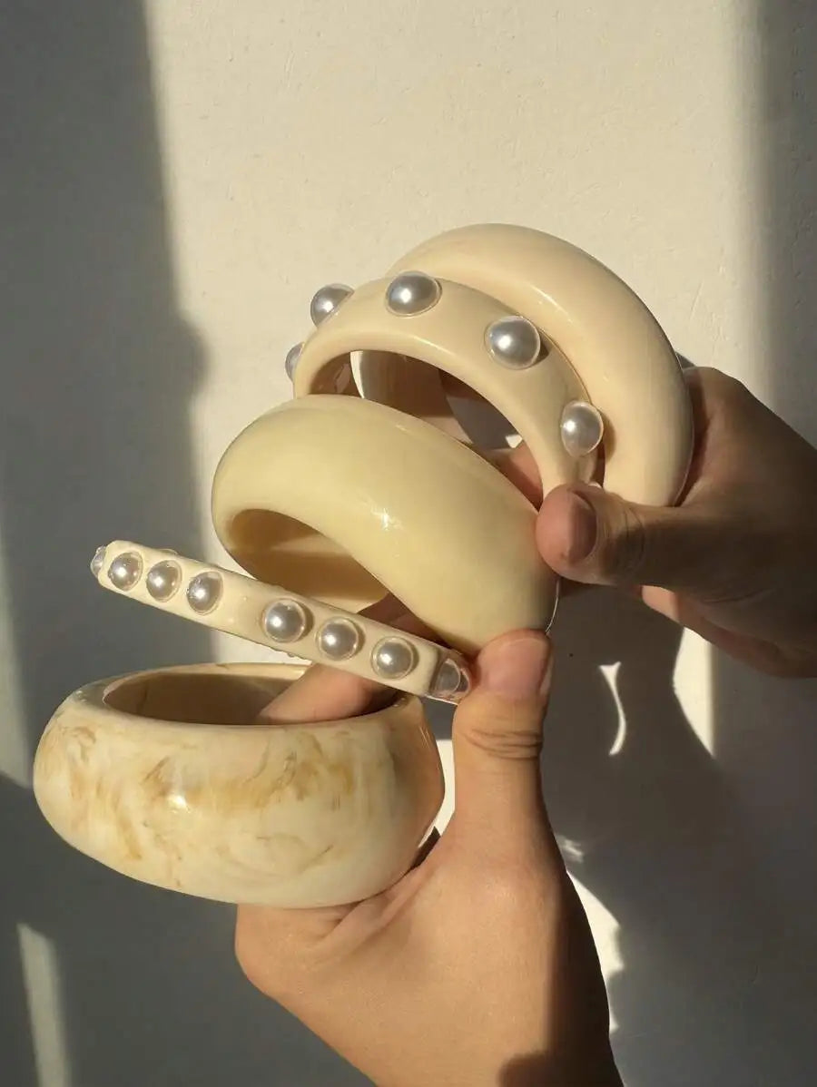 Beige Acrylic Pearl Studded Resin Bracelet Bangles