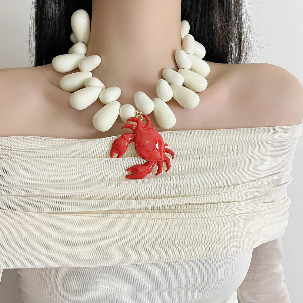 Chunky Beaded Crab Pendant Necklace