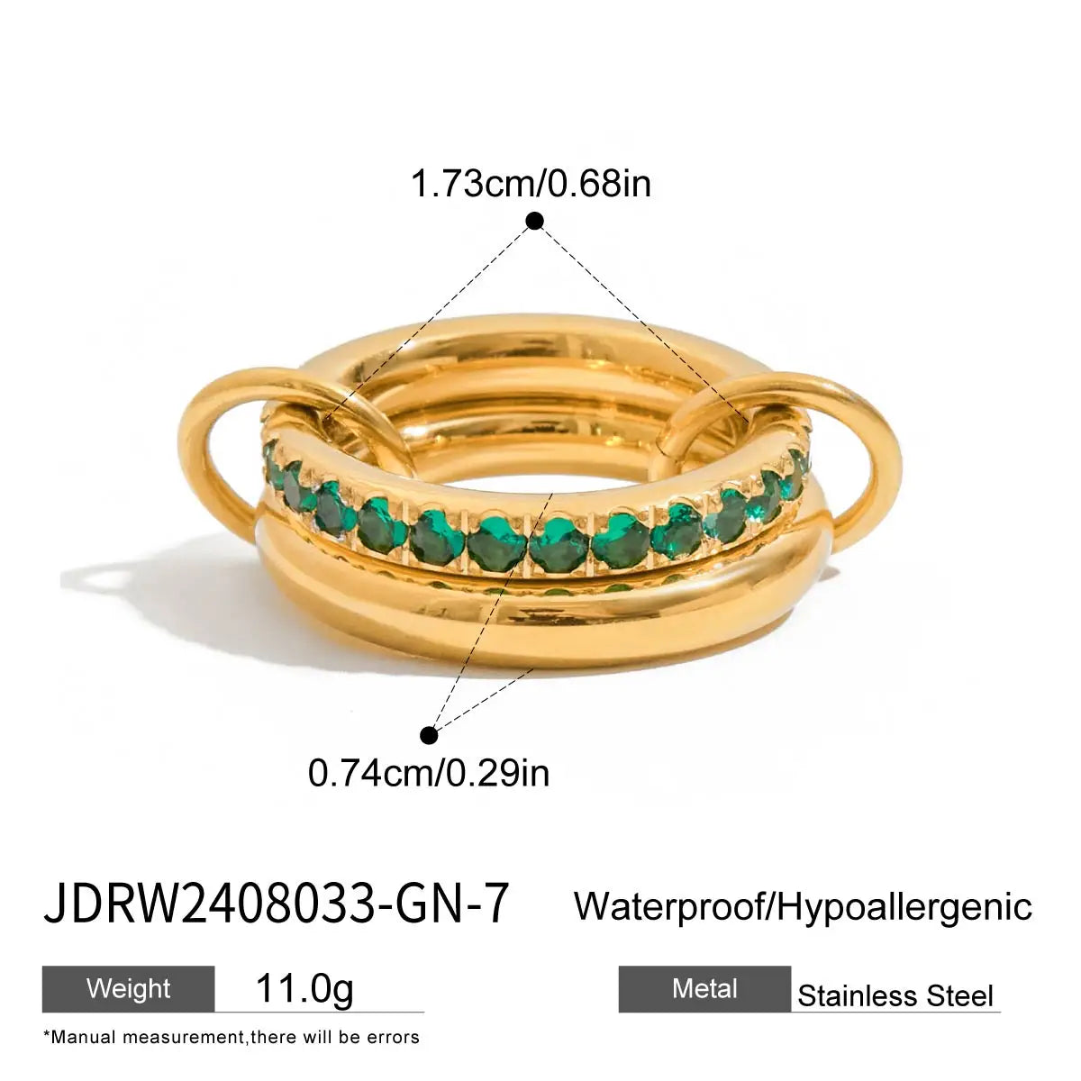 Zircon Double Layer Ring 18k Gold Color Plated Stainless Steel Waterproof Stackable Ring