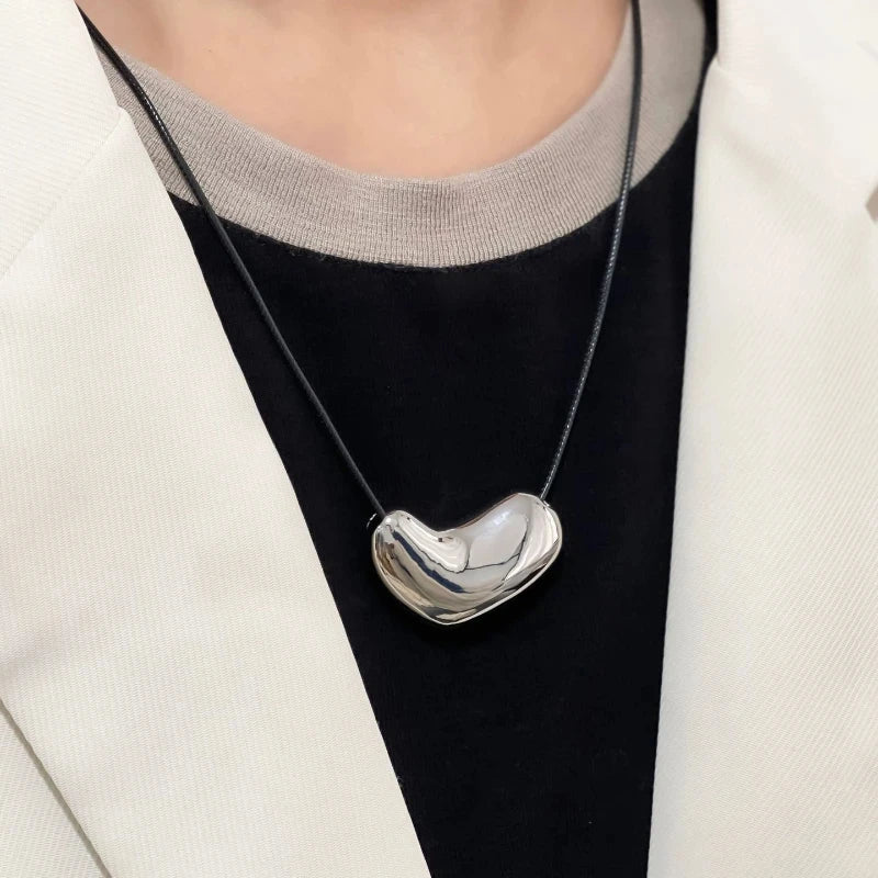 Black Cord Irregular Metal Pendant Necklace