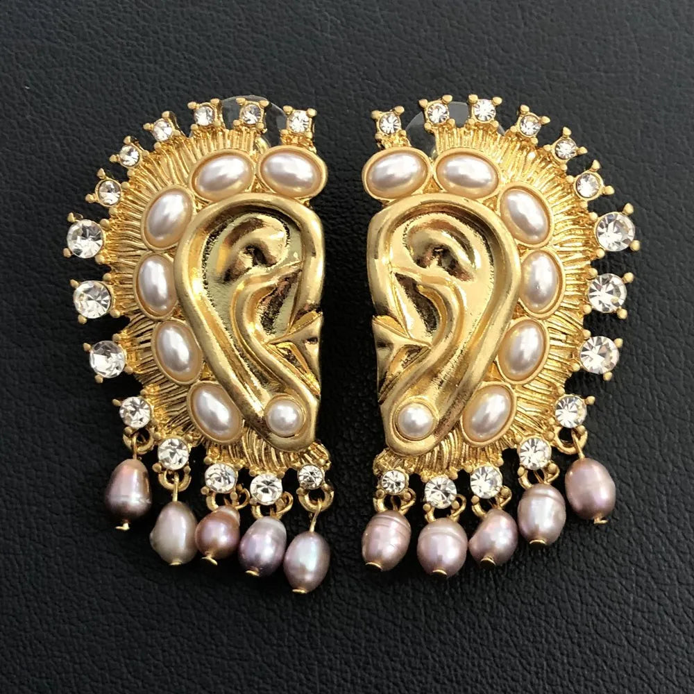 Surrealist Baroque Style Earrings Ear Shaped With Pearl