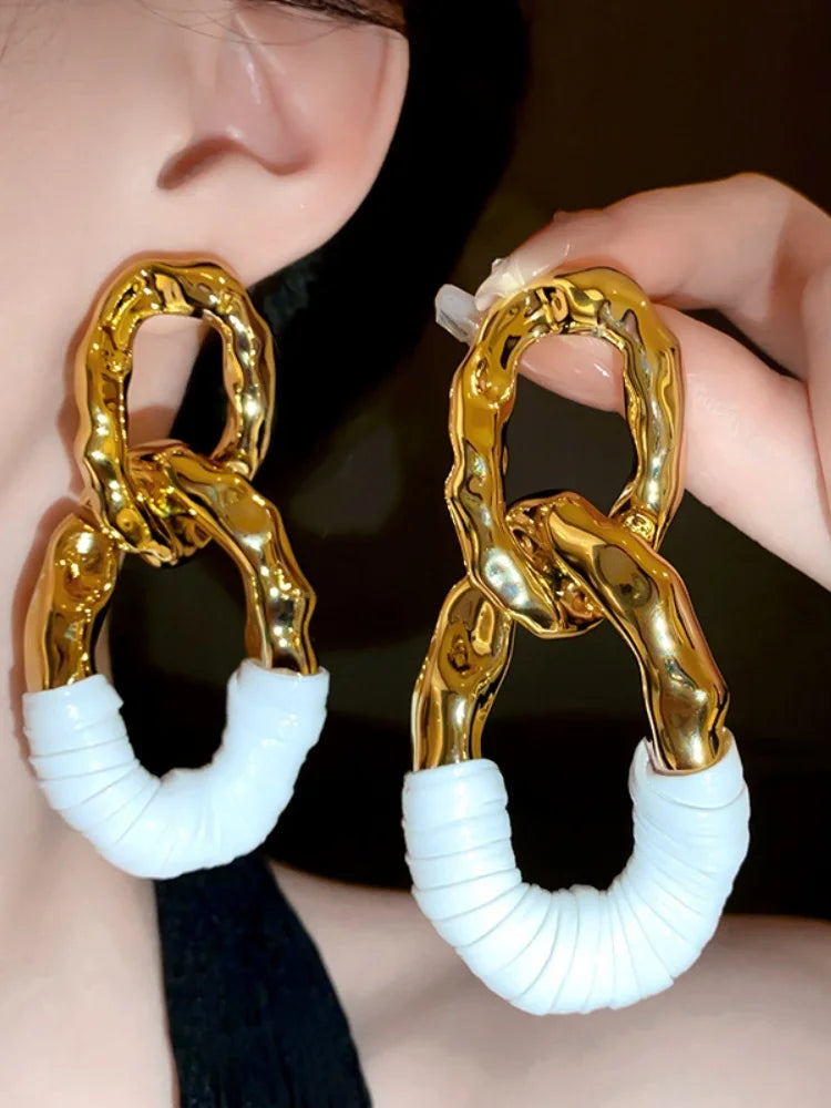 Statement Double Circle Interlock Leather Texture Earrings