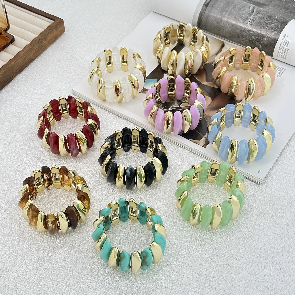 Geometric Wide Chunky Resin Elastic Bangle Bracelets