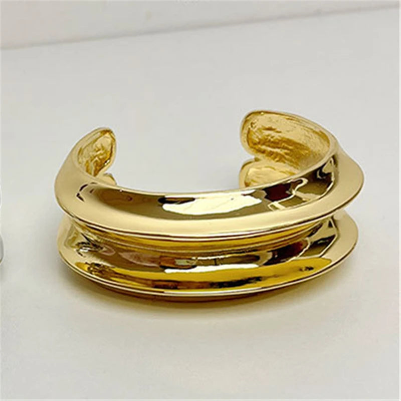 Double Layered Wave Smooth Chunky Open Bracelet