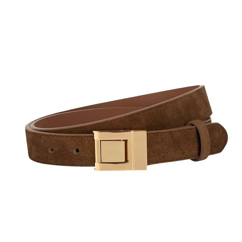 Gold Square Buckle Suede Genuine Leather Belt