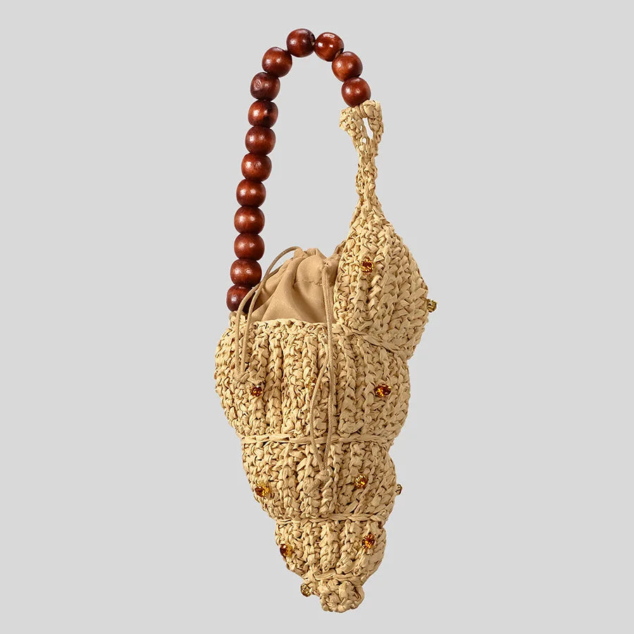 Conch Straw Woven Wooden Beading Strap Shoulder Bags