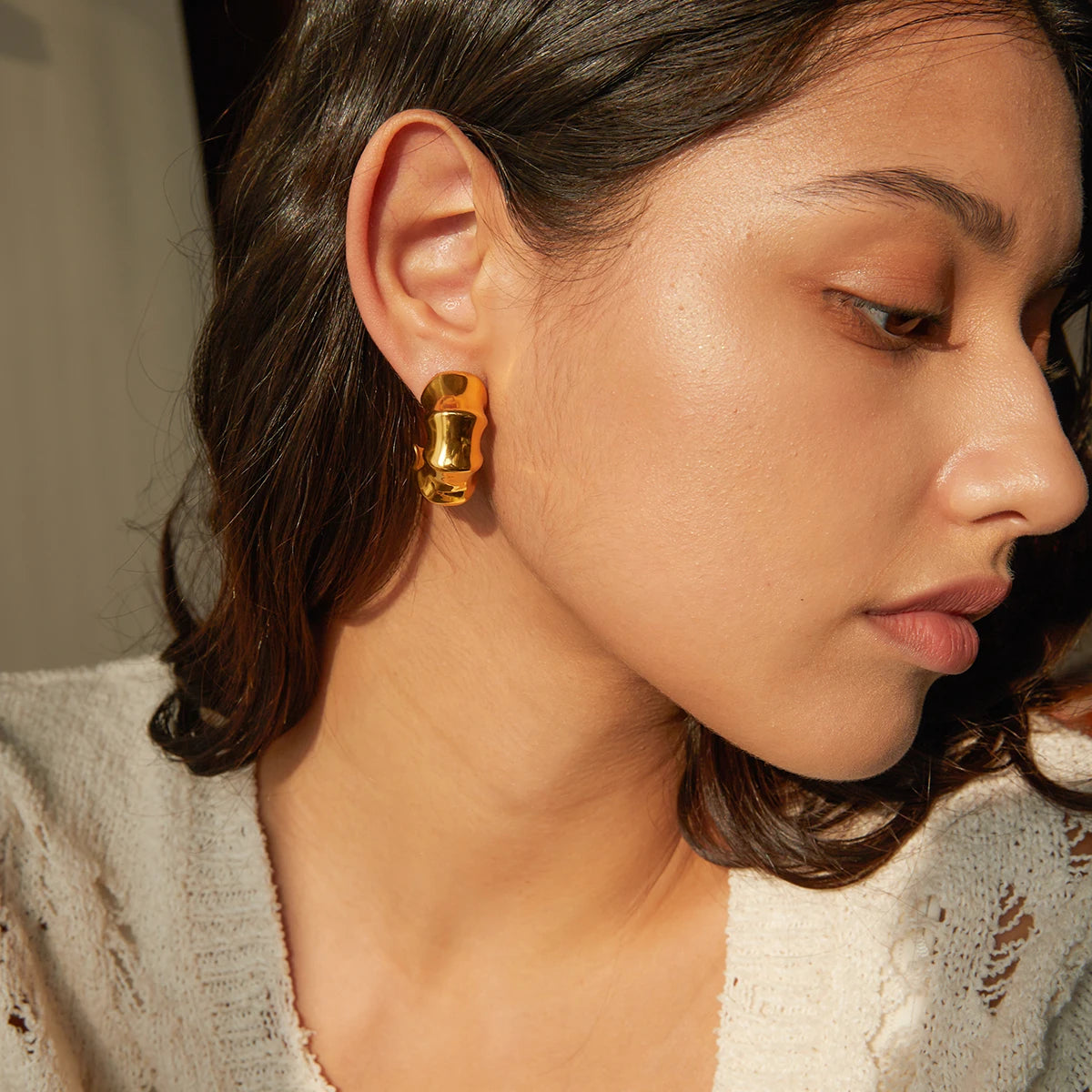 Bamboo Hoop Earrings Stainless Steel 18K Gold