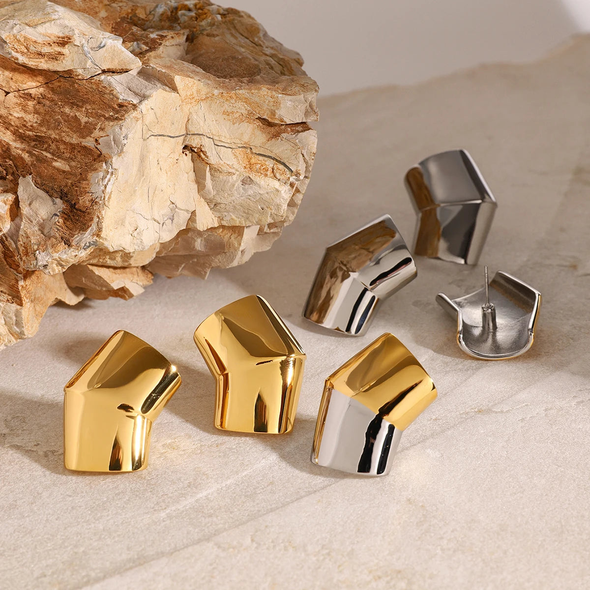 Gold Plated Geometric Stainless Steel Square Stud Earrings