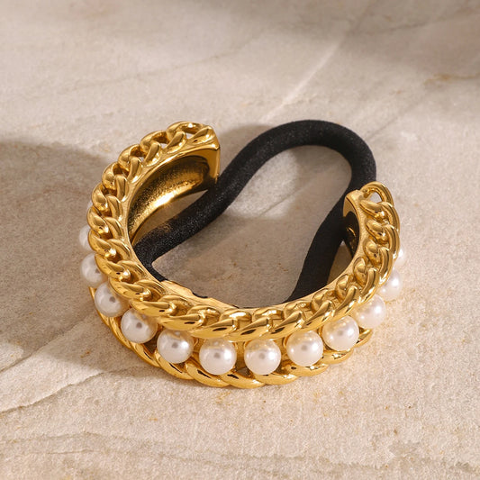 Stainless Steel Gold Plated Pearl knotted C-shaped Black Hair Elastic