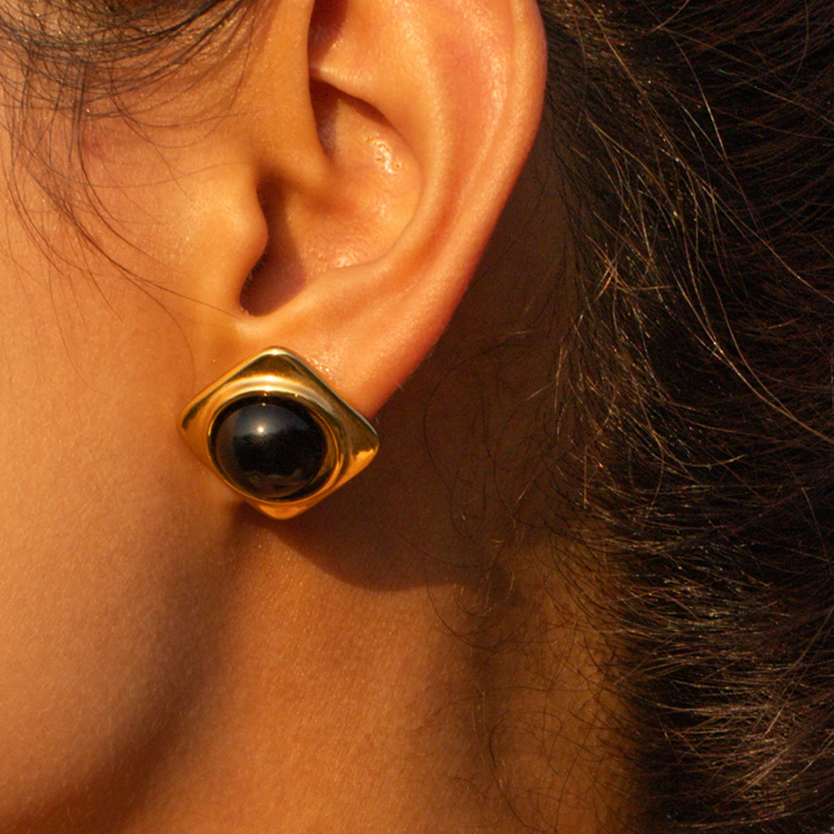 Natural stone Black Onyx inlaid Square Stud Earrings