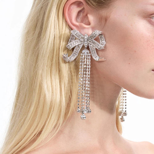 Bow Rhinestone Long Dangle Earrings