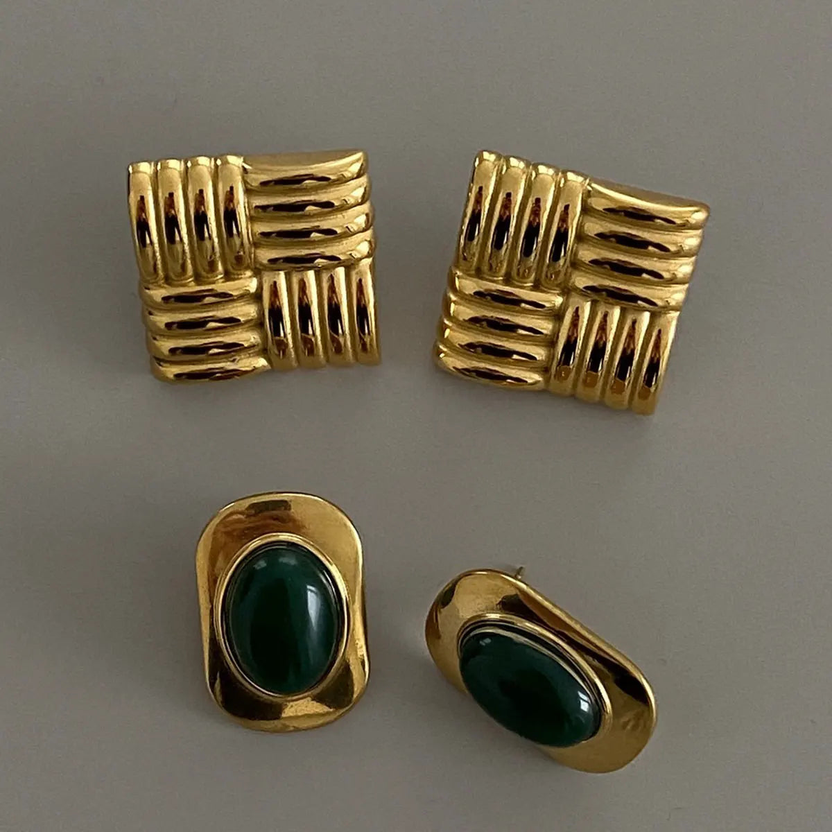 18k Gold Color Plated Stainless Steel Statement Earrings With Green Stone
