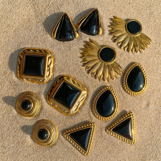Black Stone Gold Plated Earrings