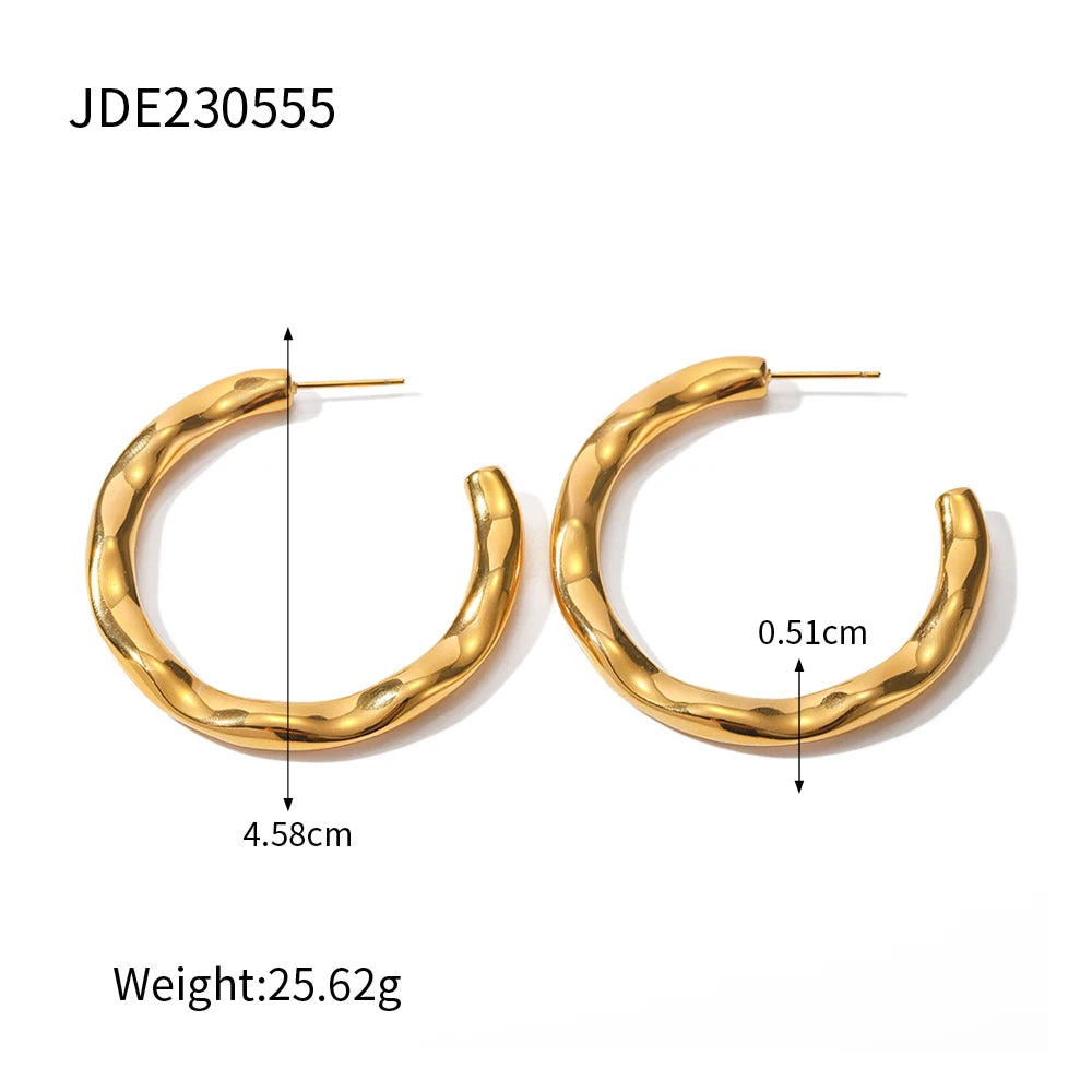 Stainless Steel Metal Texture Big Round Thick Hoop Earrings