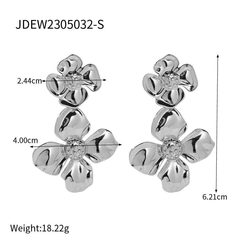 Stainless Steel Big Flower Drop Dangle Earrings Waterproof Silver Plated