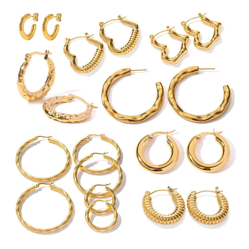 Stainless Steel Metal Texture Big Round Thick Hoop Earrings