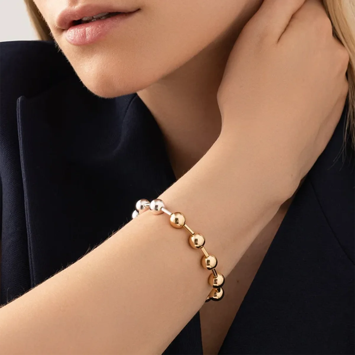 18K Gold Plated Stainless Steel Chain Beaded Bangle Bracelet