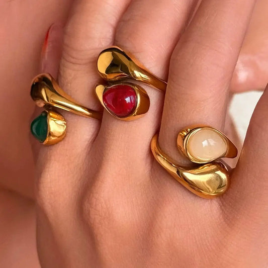 Double Water Drop Natural Stone 18K Gold Plated Rings