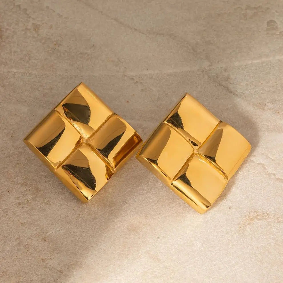 18k Gold Plated Stainless Steel Glossy Square Texture Statement Earrings