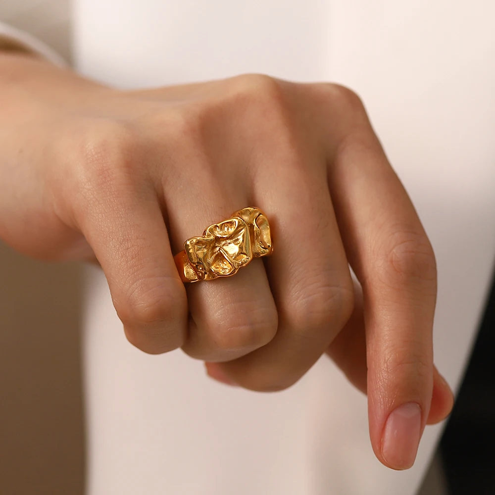 Irregular Crumpled Tin Foil Style Ring Chunky Gold Stackable  Dainty Texture Metal 18 K Plated Statement