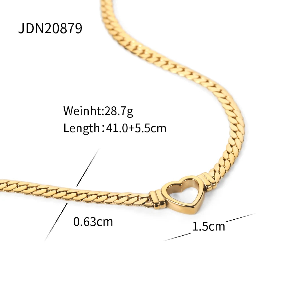 18K Real Gold Layered Stainless Steel Cuban Link Heart Chain For Women Waterproof Necklace