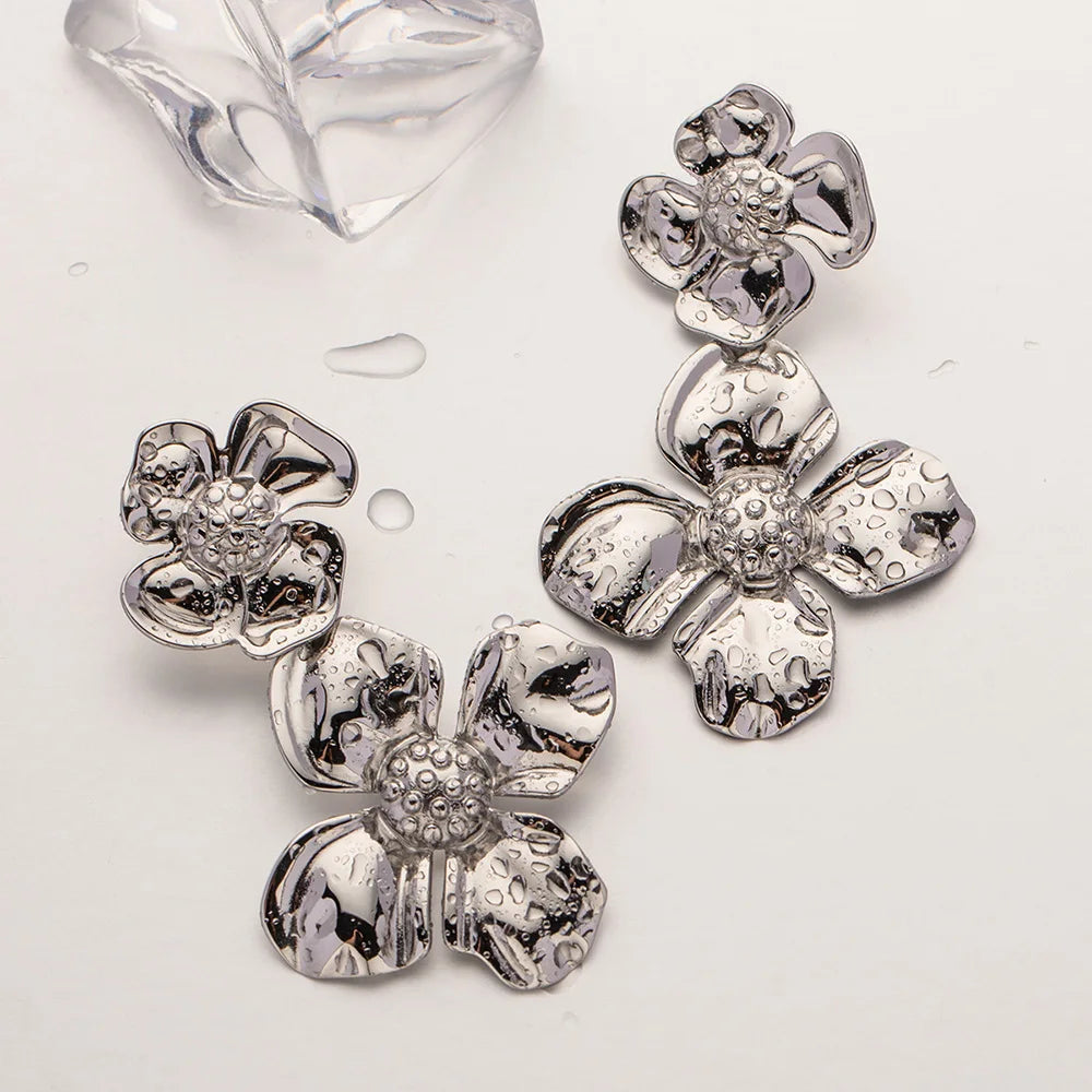 Stainless Steel Big Flower Drop Dangle Earrings Waterproof Silver Plated