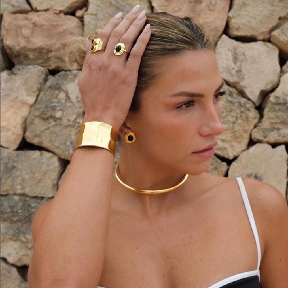 Textured Gold Cuff Gold Plated Stainless Steel Adjustable Bangele Bracelets