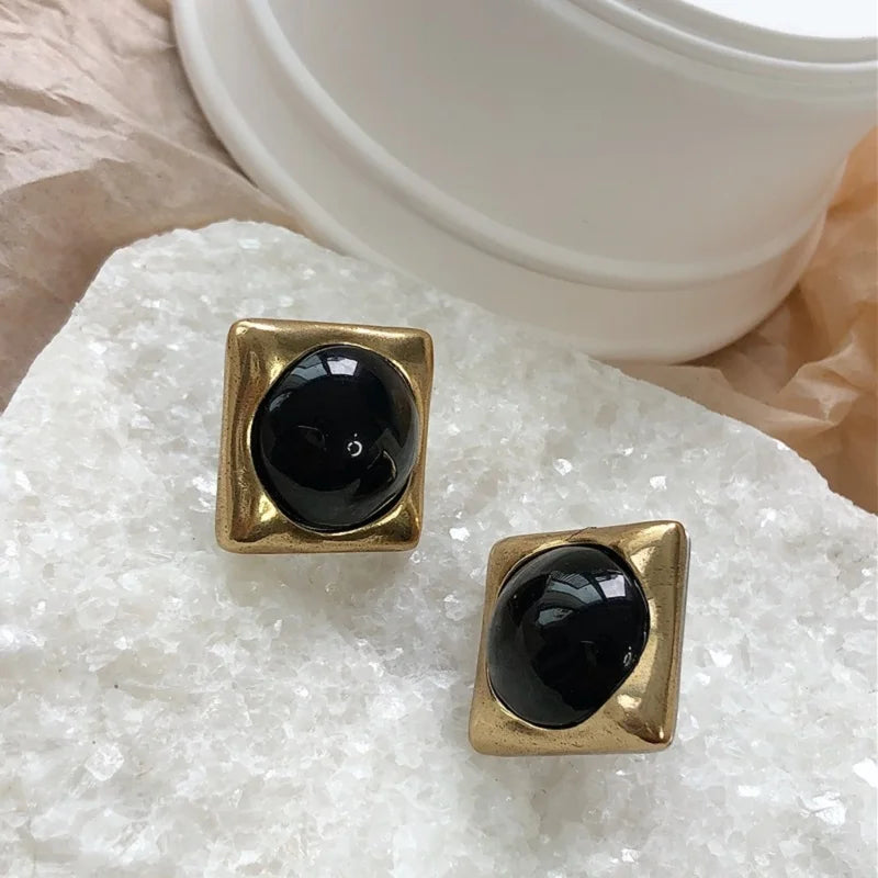 Gold Plated Square Black Retro Earrings Stud Large