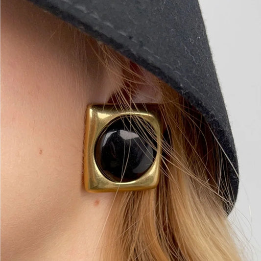 Gold Plated Square Black Retro Earrings Stud Large