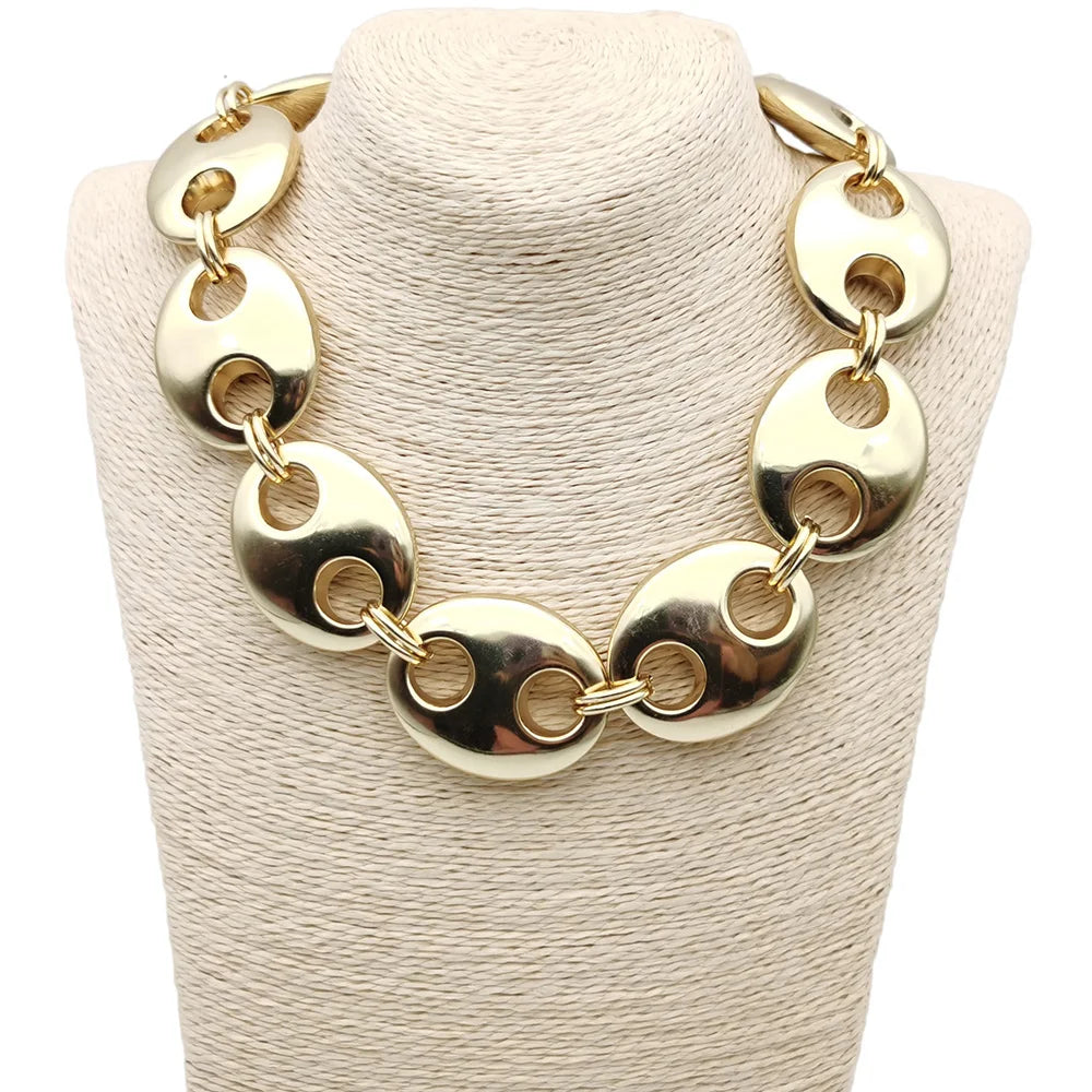 Statement Thick Metallic Oval Short Necklace & Bracelets