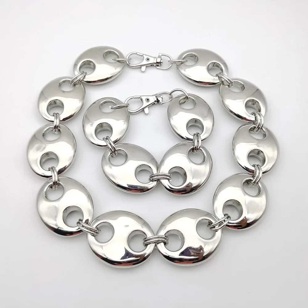 Statement Thick Metallic Oval Short Necklace & Bracelets