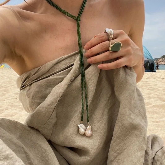 Baroque Pearl Green Sandstone Long Necklace