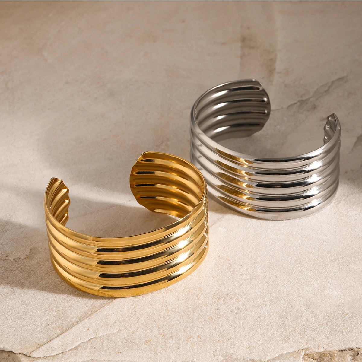 18K Gold Plated Statement Stainless Steel Metal Ribbed Bangle