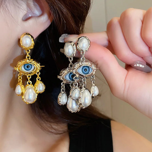 Pearl Evil Eyes Tassel Dangle Earrings
