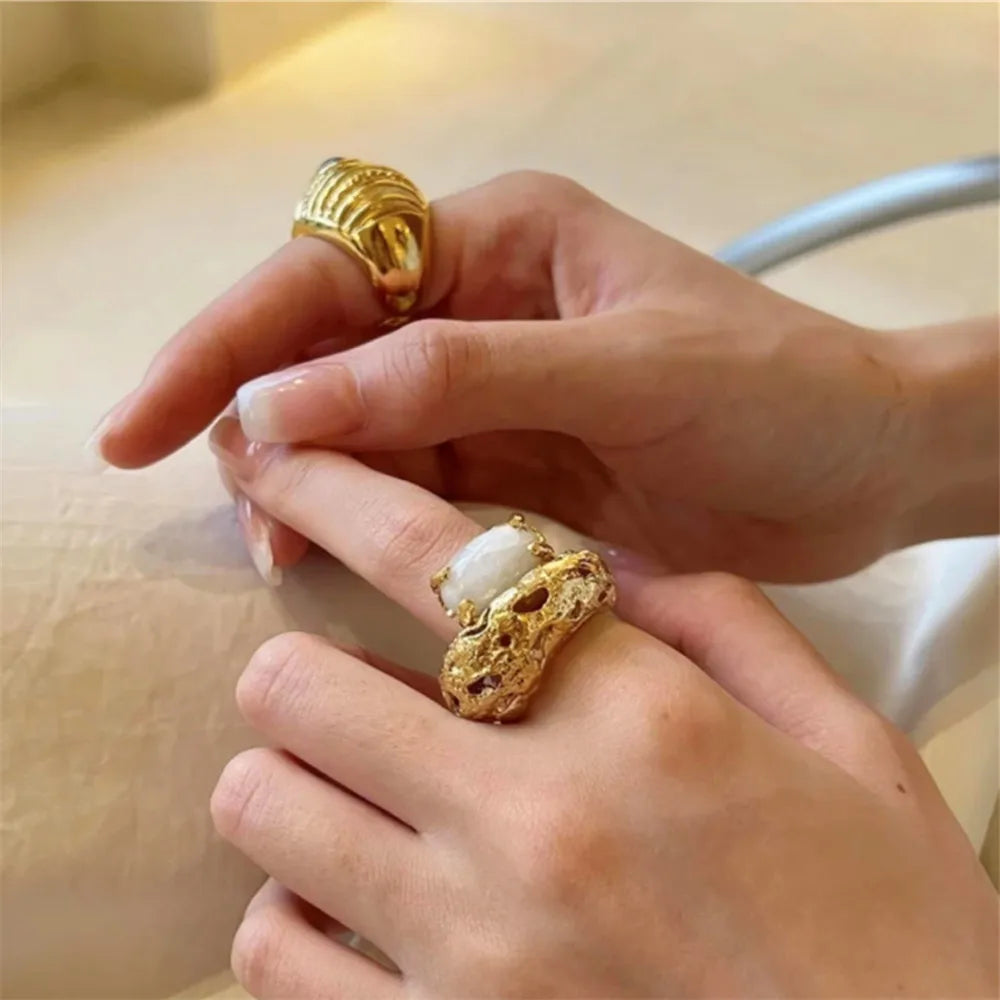 Retro Style Open Ring Agate Natural Stone Brass