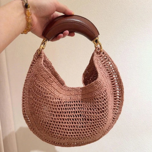 Banana Handle Straw Crochet Hobo Bag