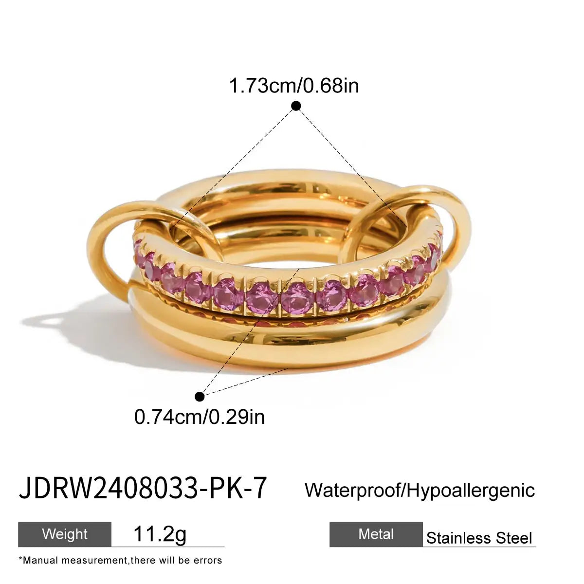 Zircon Double Layer Ring 18k Gold Color Plated Stainless Steel Waterproof Stackable Ring