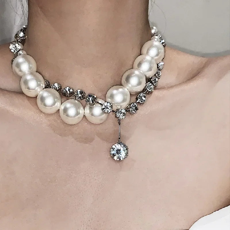 Double-layer Pearl Rhinestone Chain Choker Necklace