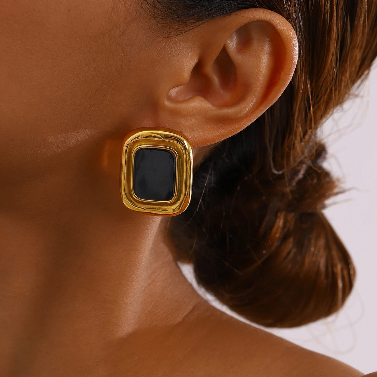 Black Stone Gold Plated Earrings