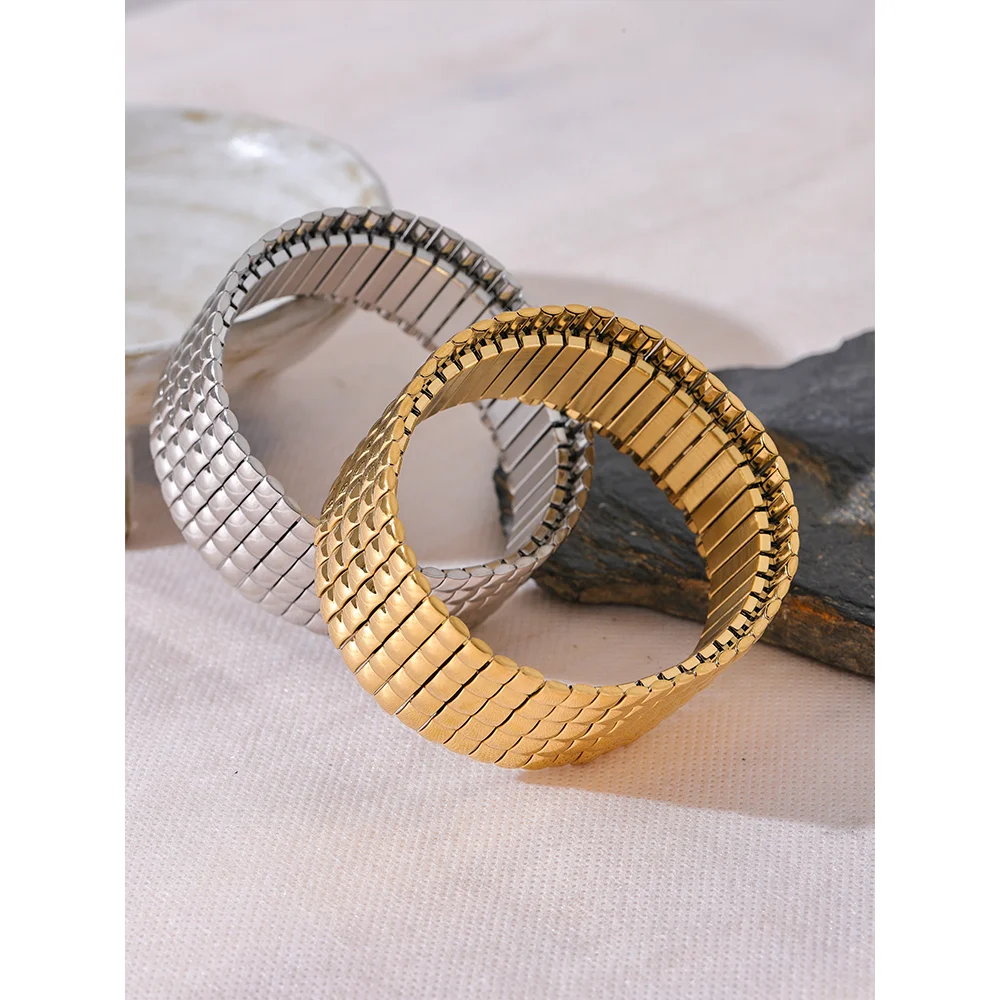 Stainless Steel Elastic Metal Wide Bracelet Bangle Gold 18K Plated