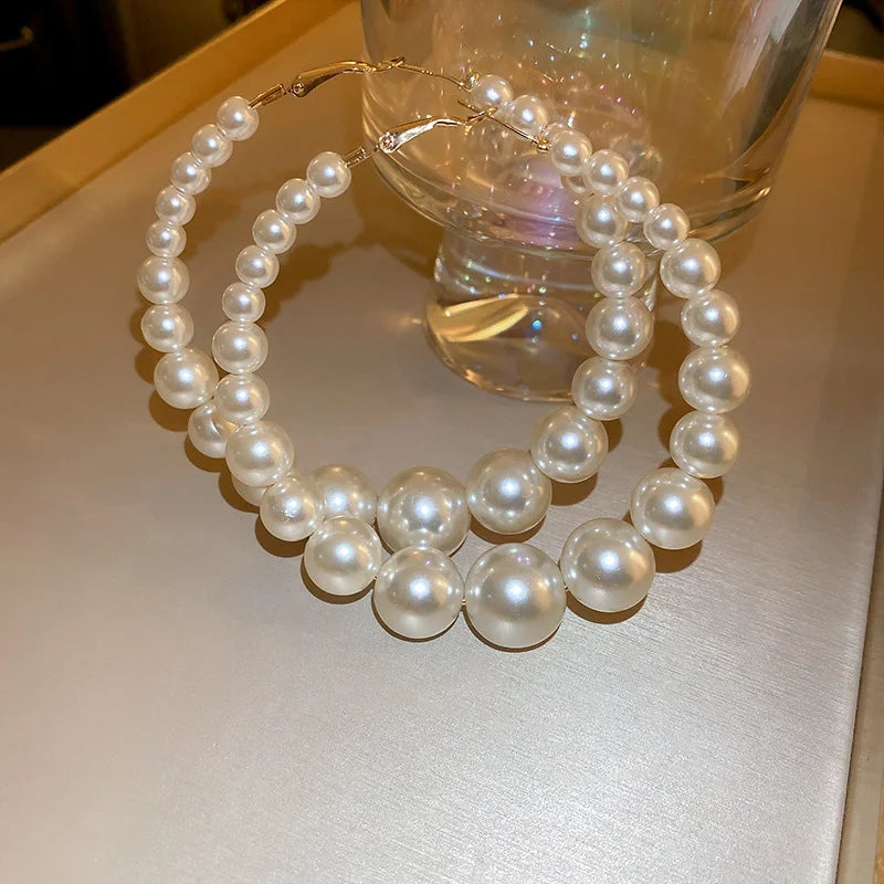 Hand-made Beads Pearl Large Hoop Earrings