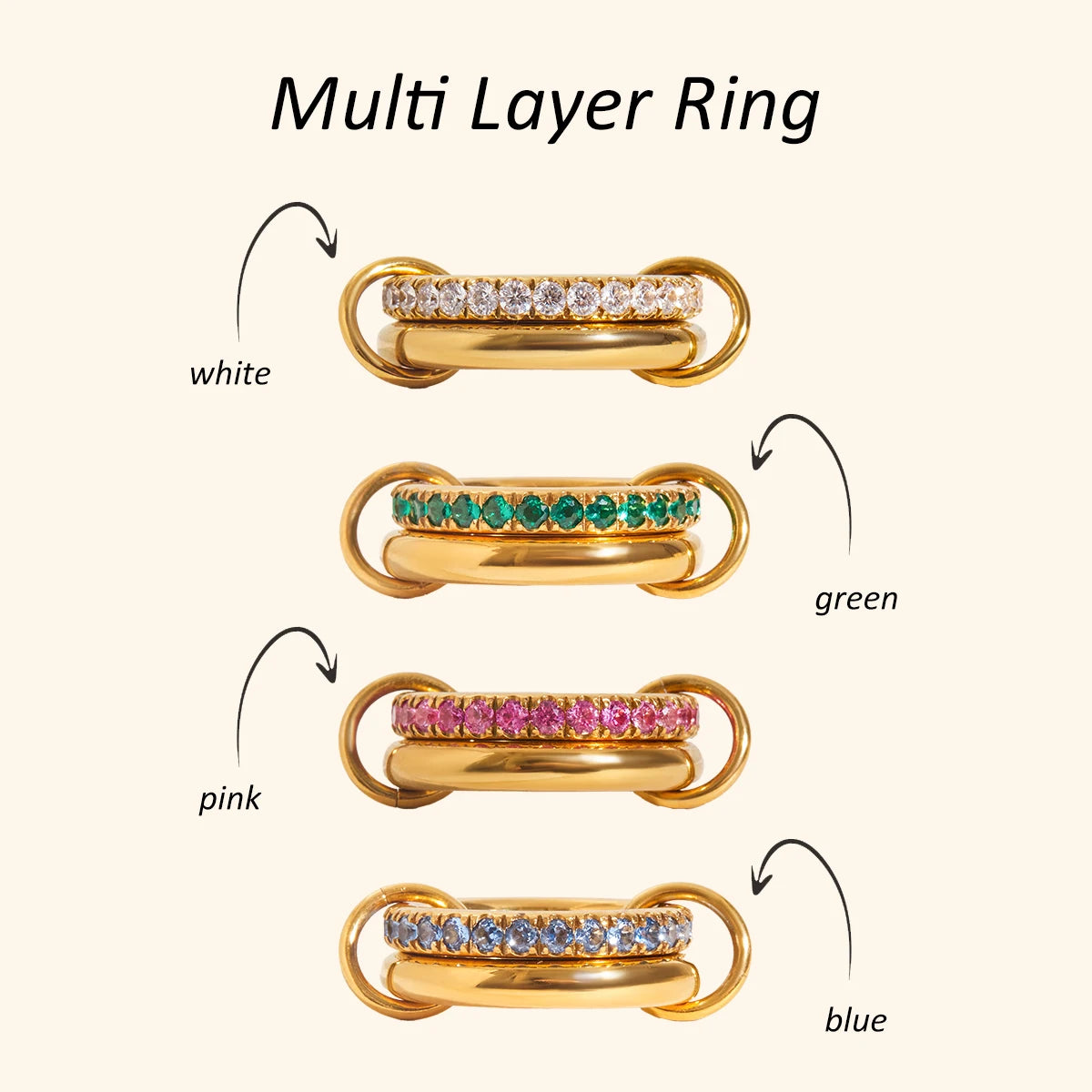 Zircon Double Layer Ring 18k Gold Color Plated Stainless Steel Waterproof Stackable Ring