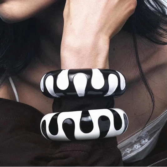 Black White Contrast Geometric Wide Chunky Resin Bracelet