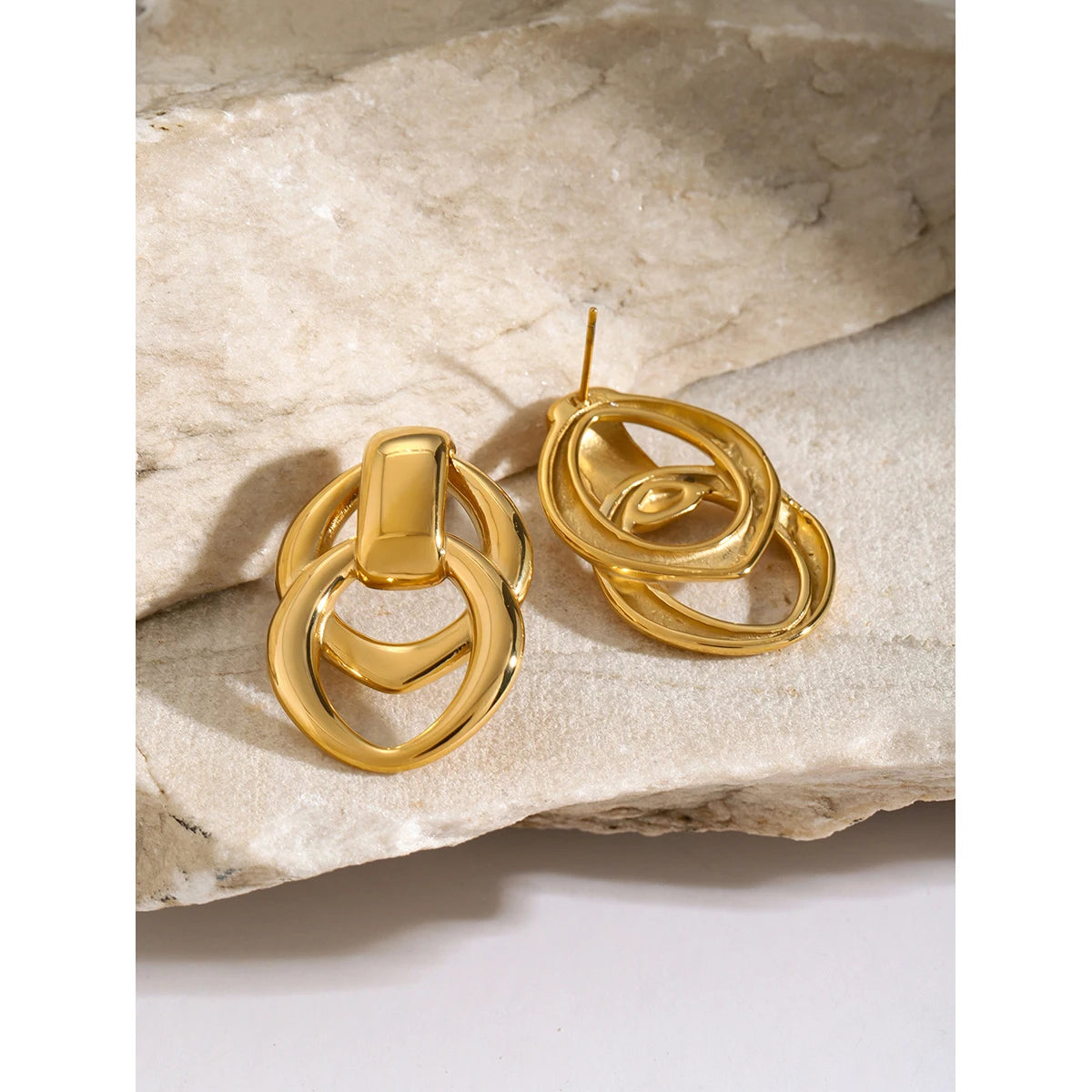 Gold Plated Geometric Stainless Steel Oval Hollow Hoop Earrings